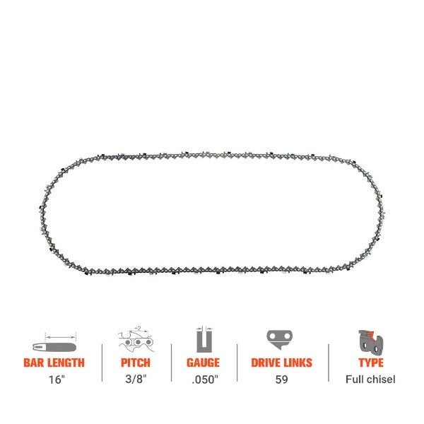 Hipa 16 Inch Full Chisel Chain 3/8 .050 59 DL For Homelite XL-12 XL-15 Super XL XL-AO EZ-AO EZ XL 900 Series Jonsered CS2050 CS2255 Chainsaw - Image 6