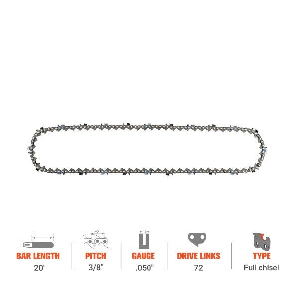 Hipa 20 Inch Full Skip Chain 3/8 Pitch .050 72 DL For Poulan Pro PR5020 50CC Husqvarna 365 562xp 372xp Stihl Chainsaw - Image 2